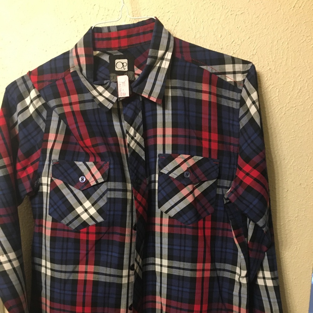 mens red white and blue plaid button down
